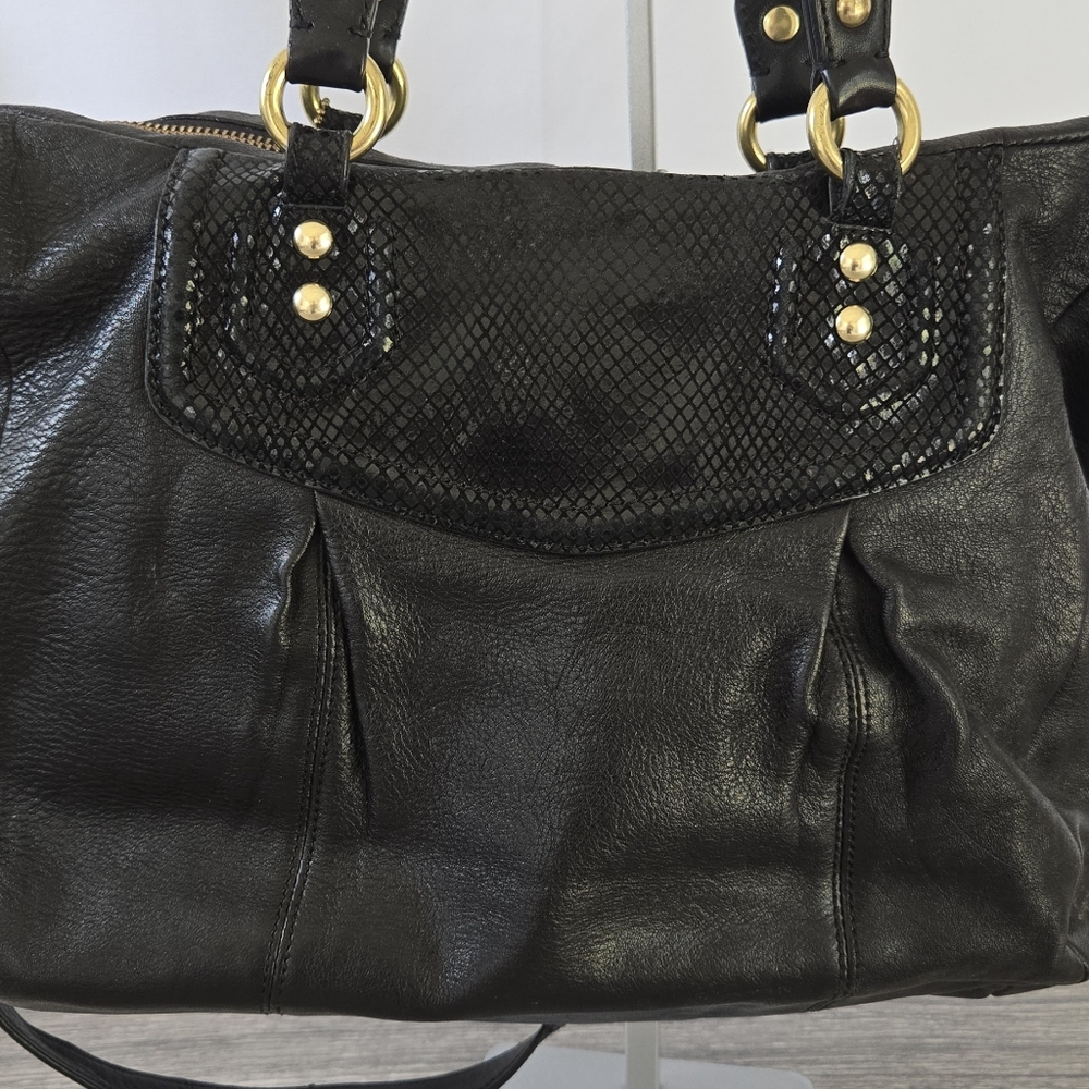 Coach Ashley Handbag Black Leather Python Trim Sh… - image 5